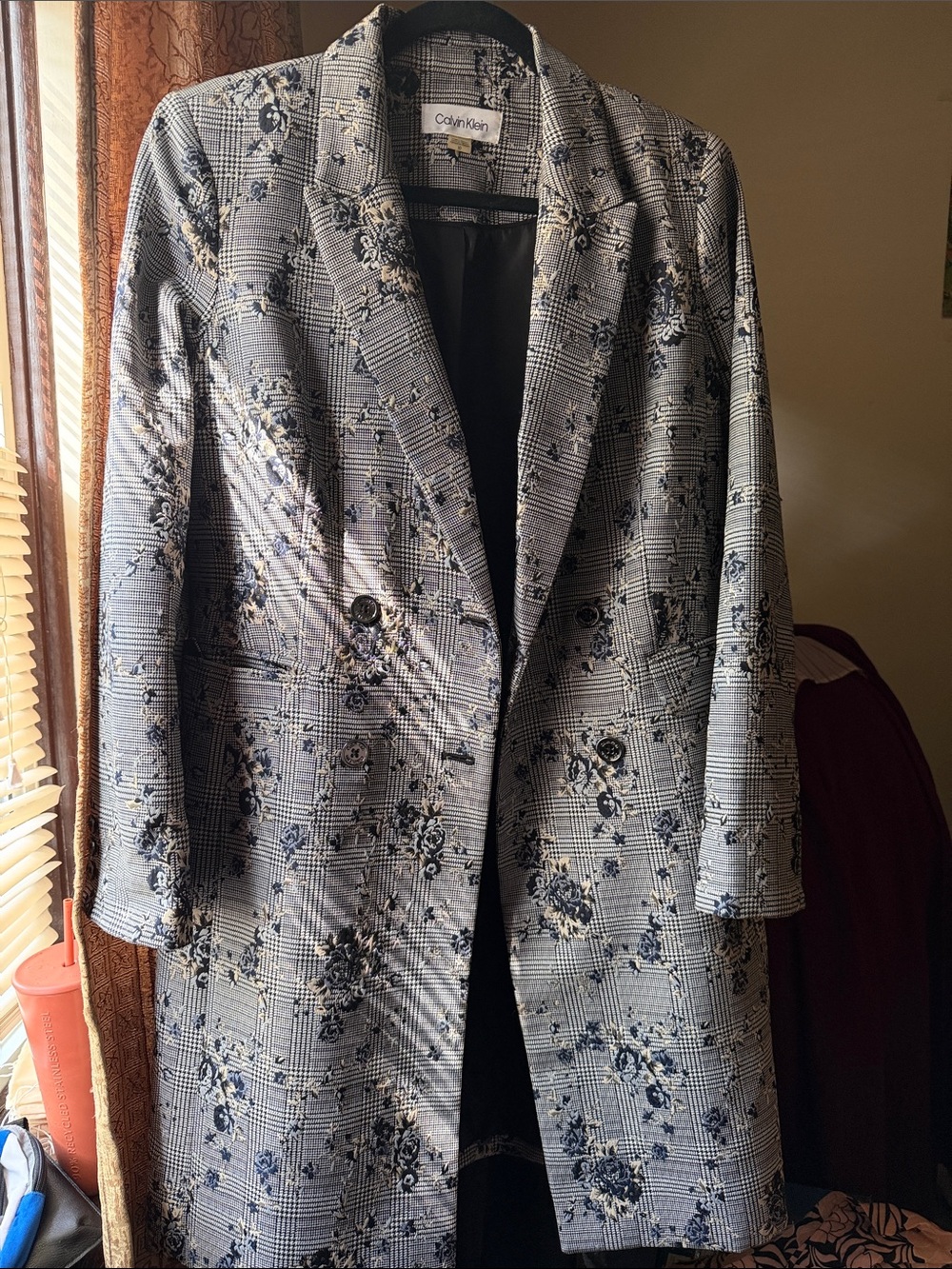 Calvin Klein Floral Plaid Double-Breasted Blazer Print